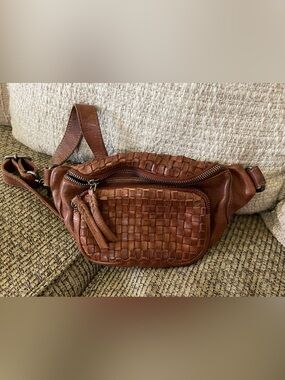 Cut N Paste Woven Leather Crossbody/Waist Bag/Fanny Pack in Cognac Brown